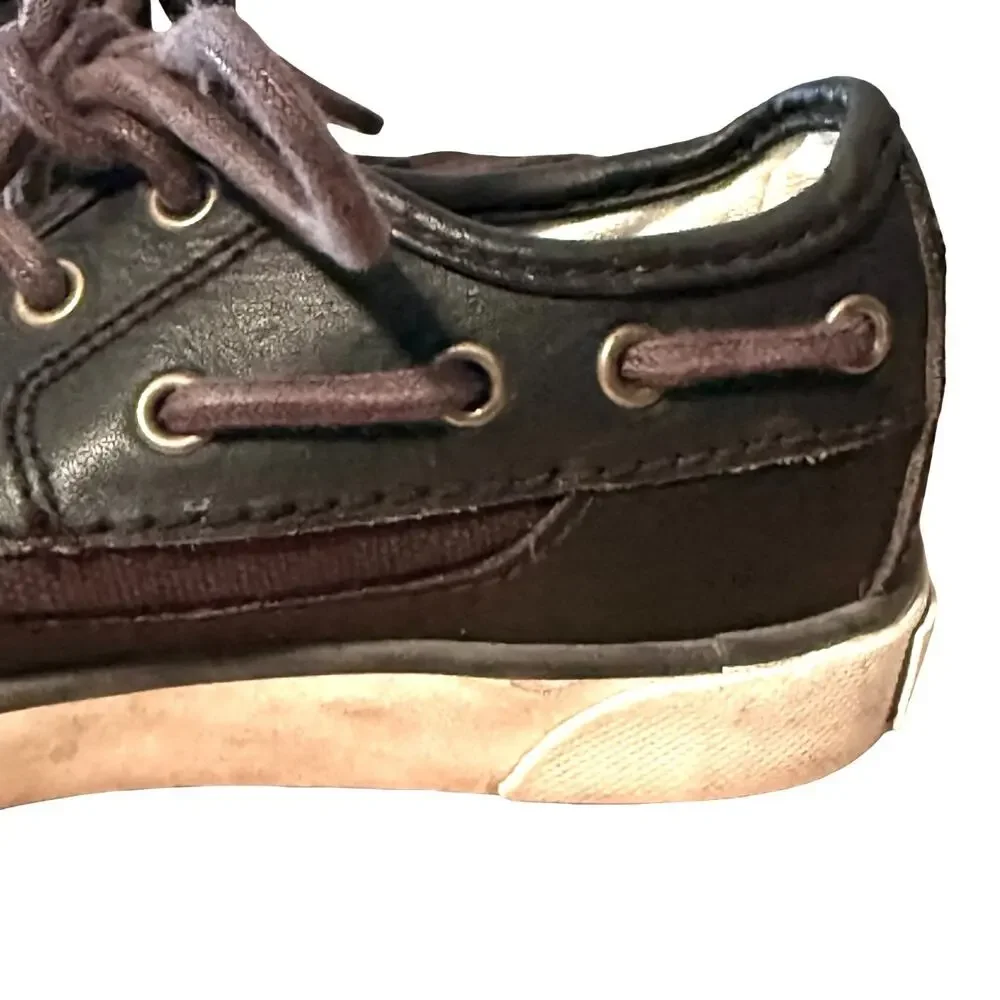 Polo Ralph Lauren Boys Leather & Canvas Dark Brown Boat Shoes Preppy Lace Up 9.5